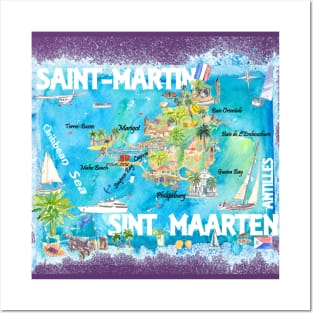 Saint Martin Illustrated Travel Map With Roads Posters and Art